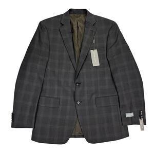 Michael Kors Mens Classic Fit Plaid Stretch Wool Suit Jacket Charcoal Brown 38R